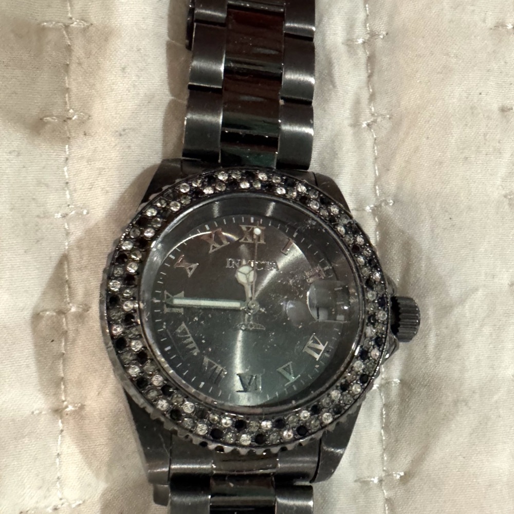 Invicta Black and Silver Watch with Crystal Bezel